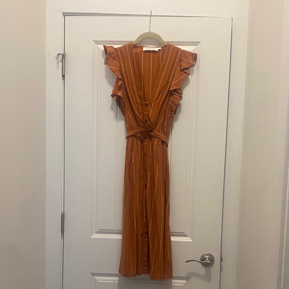 ASTR Rust Orange Button-Front Ruffle Sleeve Midi Dress XS